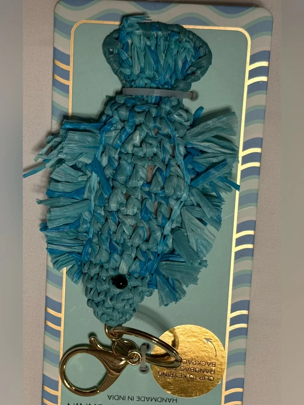 Piper K Blue Raffia Woven Fish Bag Charm Keychain